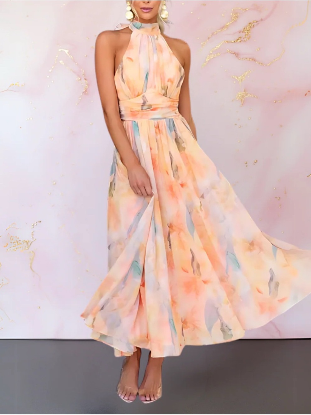 Sleeveless Halter Watercolor Maxi Dress in Peach